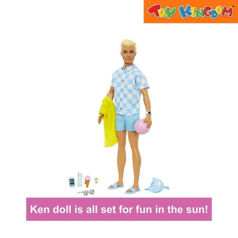 Barbie Ken Blonde Doll with Swim Trunks and Beach-Themed Accessories