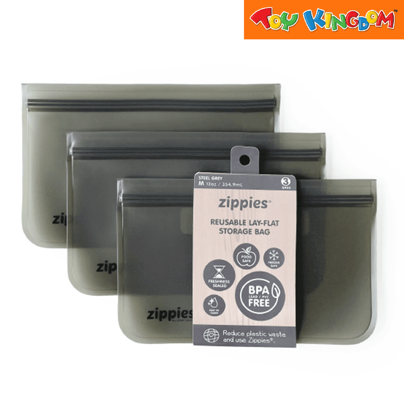 Zippies Steel Gray 3 pcs Medium Reusable Lay Flat Storage Bags