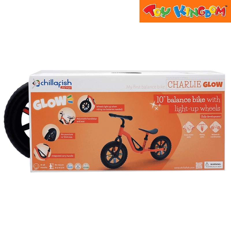 Chillafish Charlie Glow Orange 10 inch Balance Bike with Light up Wheels