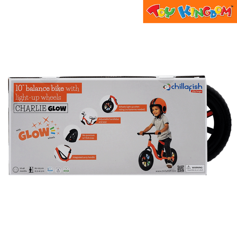 Chillafish Charlie Glow Orange 10 inch Balance Bike with Light up Wheels